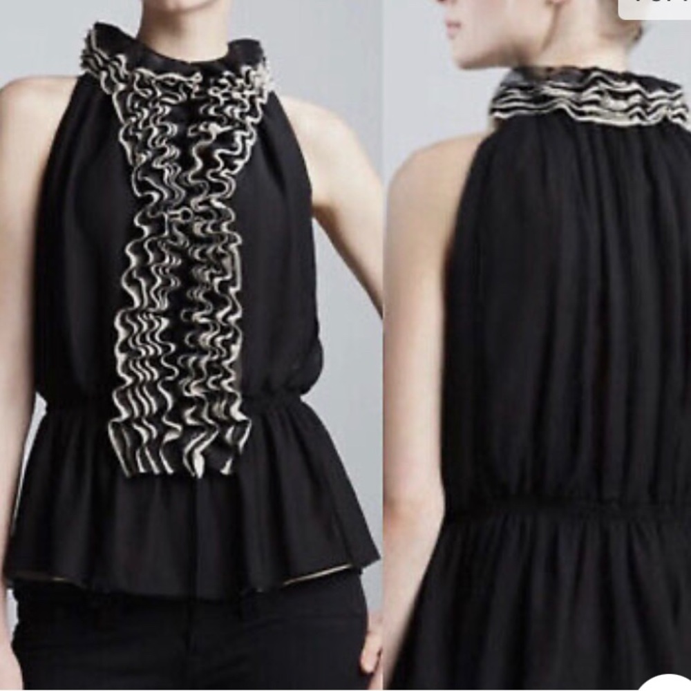 Robert Rodriguez/Neiman Marcus Black & Tan Ruffle Front Sleeveless Blouse
